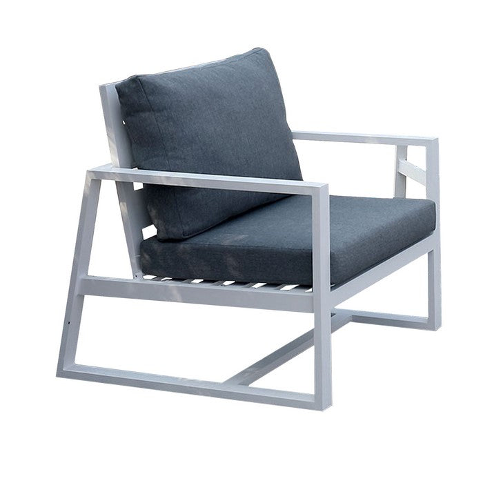 Industrial Outdoor Metal Arm Chair with Padded Seating, Gray and White