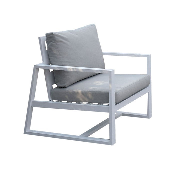 Industrial Outdoor Metal Arm Chair with Padded Seating, Beige and White