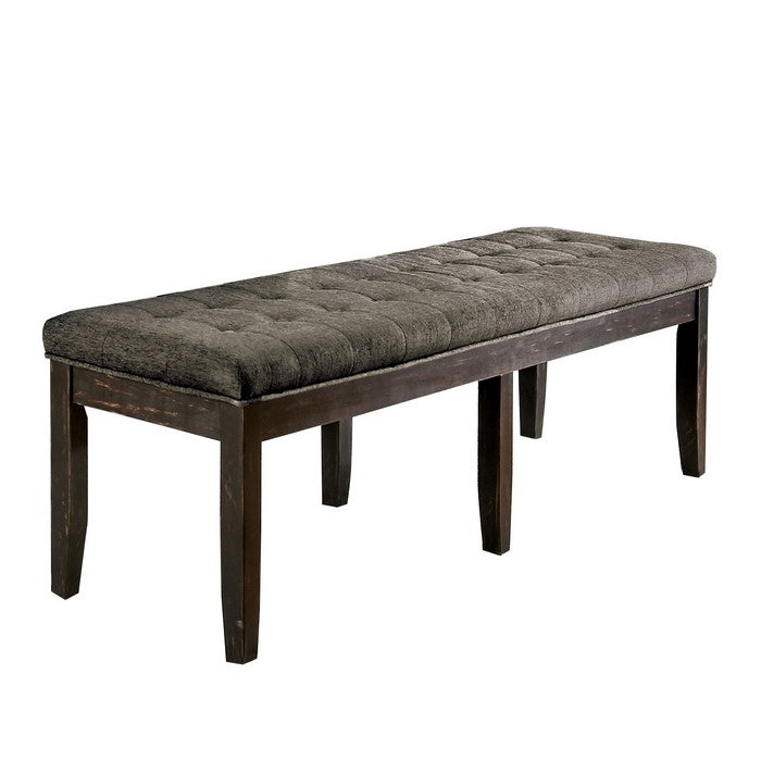 Fabric Upholstered Wooden Bench with Button Tufting, Brown and Gray