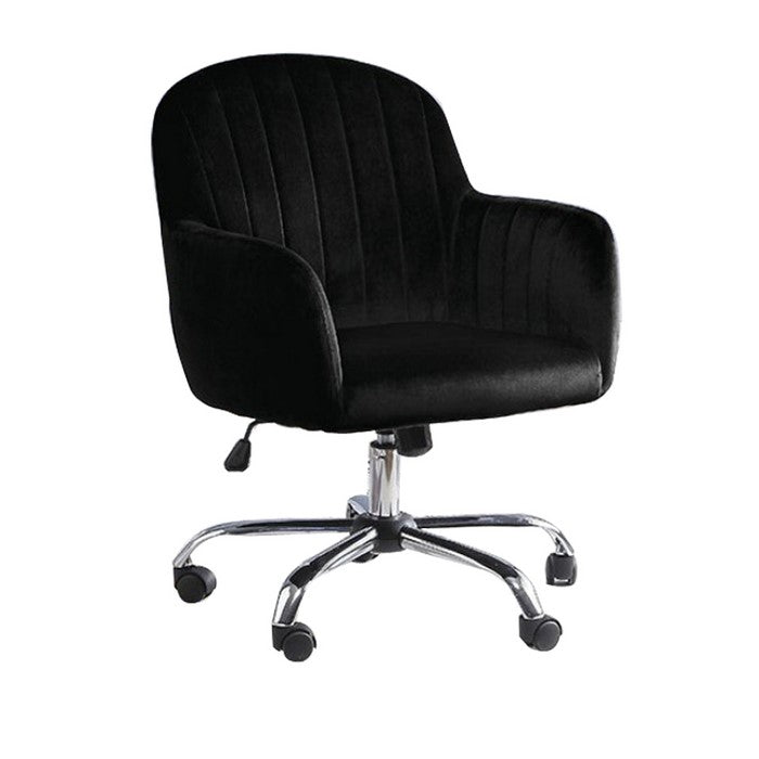 Channel Tufted Fabric Upholstered Office Chair with Casters, Black and Silver