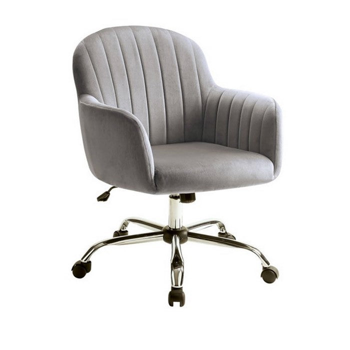 Channel Tufted Fabric Upholstered Office Chair with Casters, Gray and Silver