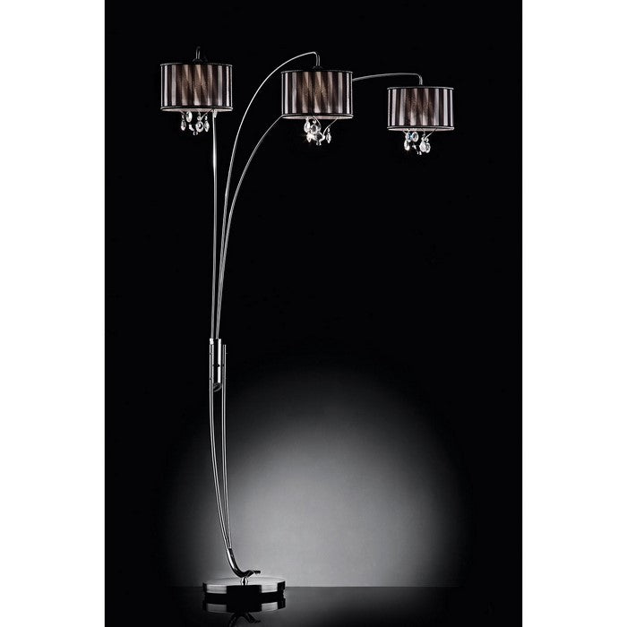 3 Shade Arch Lamp with Hanging Crystals and Metal Base, Black and Chrome