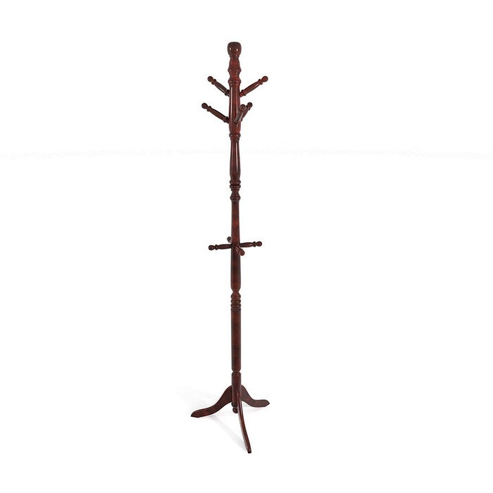 Transitional Wooden Coat Rack with 10 Pegs, Cherry Brown