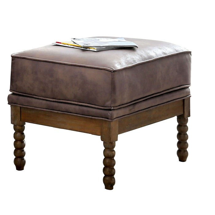 Traditional Leatherette Wooden Ottoman with Beaded legs, Dark Brown