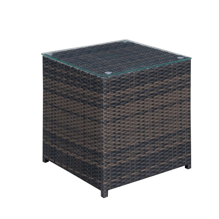 Square Faux Rattan and Aluminum End Table with Glass Top, Brown