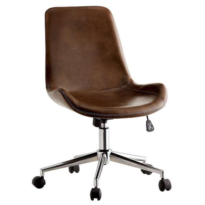 Leatherette Bucket Seat Office Chair with Adjustable Height, Brown and Silver