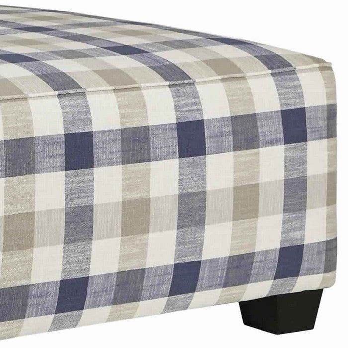 Checkered Fabric Upholstered Oversized Accent Ottoman, White and Blue