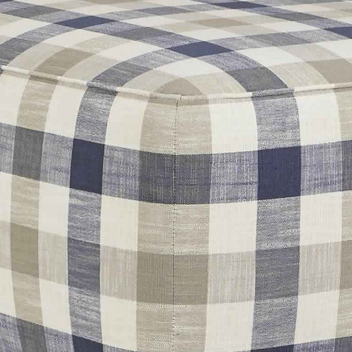Checkered Fabric Upholstered Oversized Accent Ottoman, White and Blue