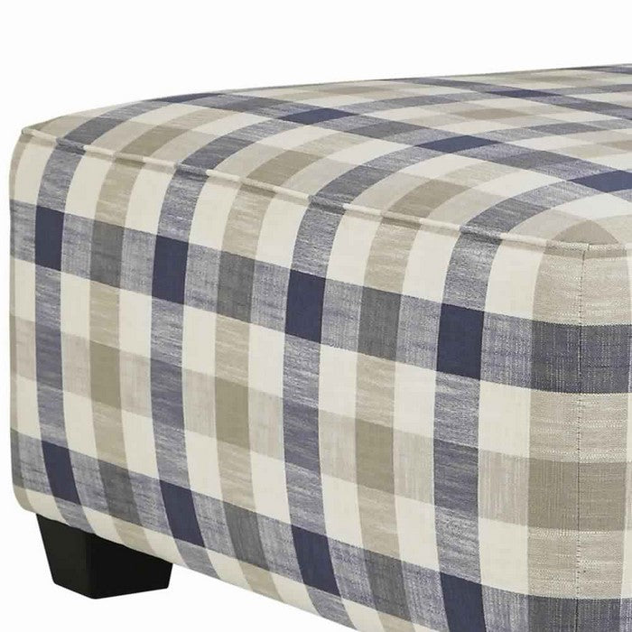 Checkered Fabric Upholstered Oversized Accent Ottoman, White and Blue