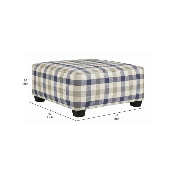 Checkered Fabric Upholstered Oversized Accent Ottoman, White and Blue