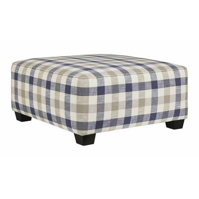 Checkered Fabric Upholstered Oversized Accent Ottoman, White and Blue