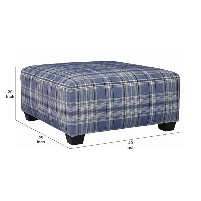 Checkered Fabric Upholstered Oversized Accent Ottoman, Blue and Black