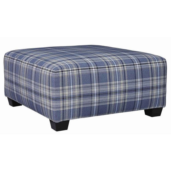 Checkered Fabric Upholstered Oversized Accent Ottoman, Blue and Black