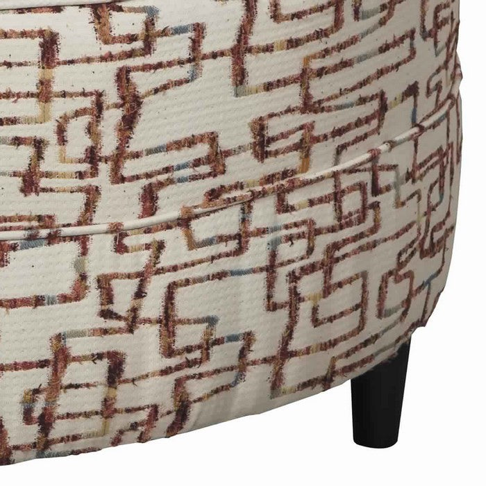 Round Fabric Upholstered Ottoman with Cut Fringe Details, Brown and Beige