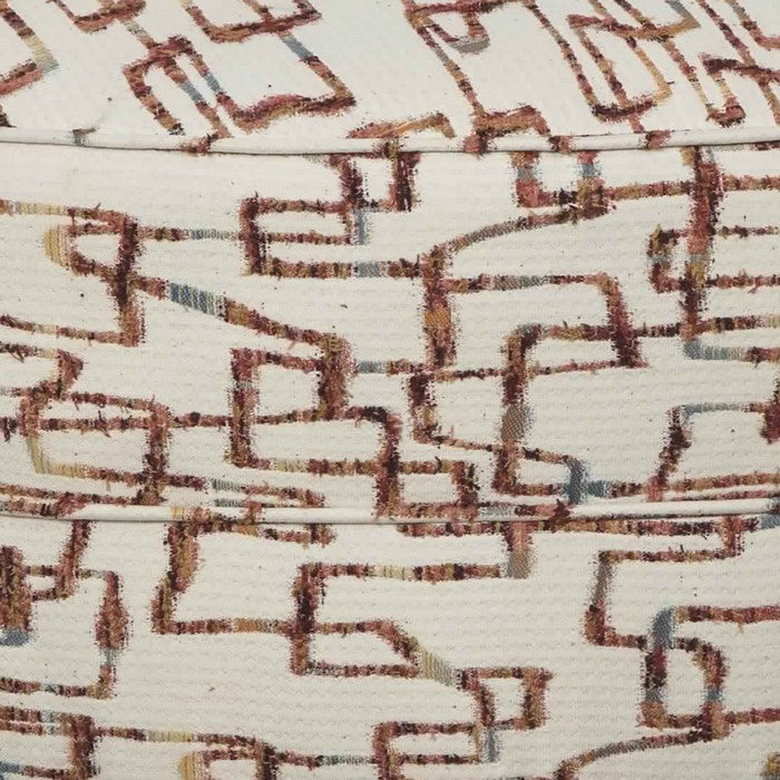 Round Fabric Upholstered Ottoman with Cut Fringe Details, Brown and Beige