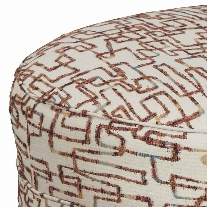 Round Fabric Upholstered Ottoman with Cut Fringe Details, Brown and Beige