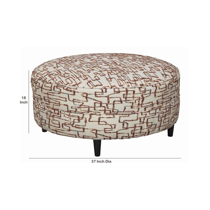Round Fabric Upholstered Ottoman with Cut Fringe Details, Brown and Beige
