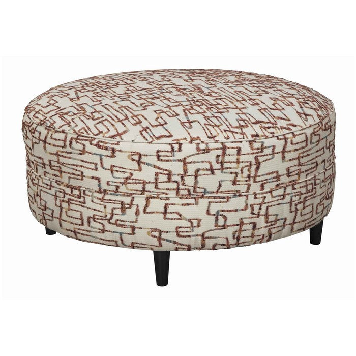 Round Fabric Upholstered Ottoman with Cut Fringe Details, Brown and Beige