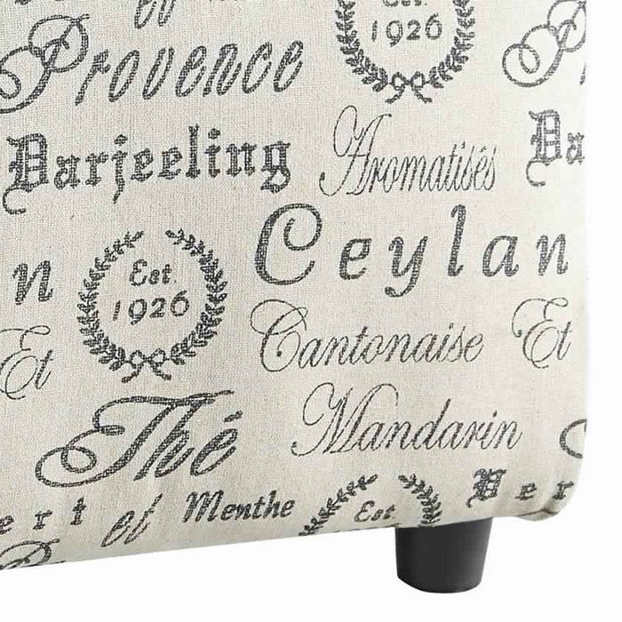 Square Fabric Upholstered Ottoman with French Typography, White and Gray