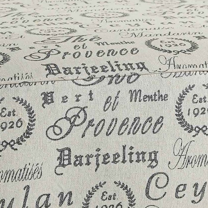 Square Fabric Upholstered Ottoman with French Typography, White and Gray