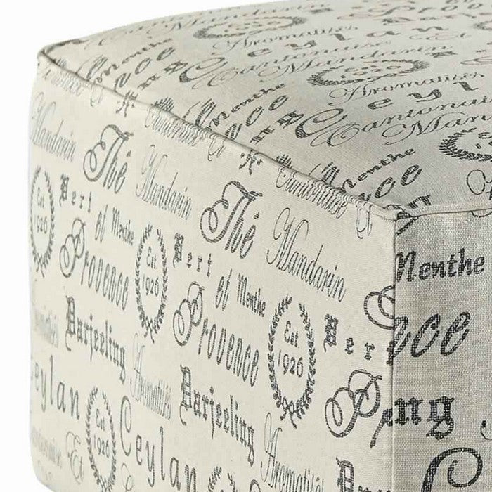Square Fabric Upholstered Ottoman with French Typography, White and Gray