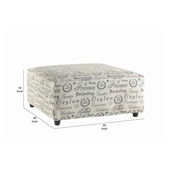 Square Fabric Upholstered Ottoman with French Typography, White and Gray