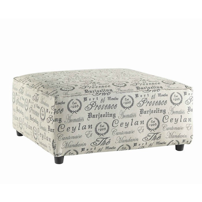 Square Fabric Upholstered Ottoman with French Typography, White and Gray
