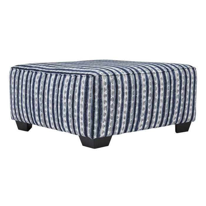 Square Fabric Upholstered Ottoman with Striped Pattern, Blue and White
