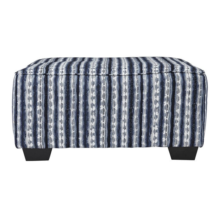 Square Fabric Upholstered Ottoman with Striped Pattern, Blue and White