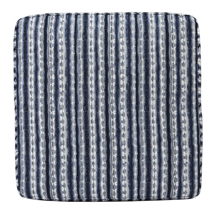Square Fabric Upholstered Ottoman with Striped Pattern, Blue and White