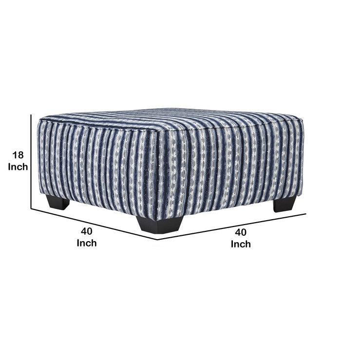 Square Fabric Upholstered Ottoman with Striped Pattern, Blue and White