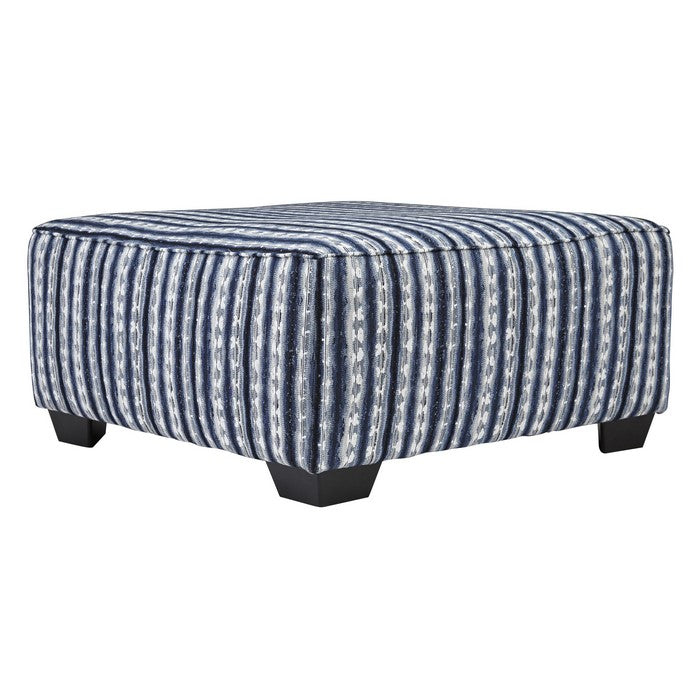 Square Fabric Upholstered Ottoman with Striped Pattern, Blue and White