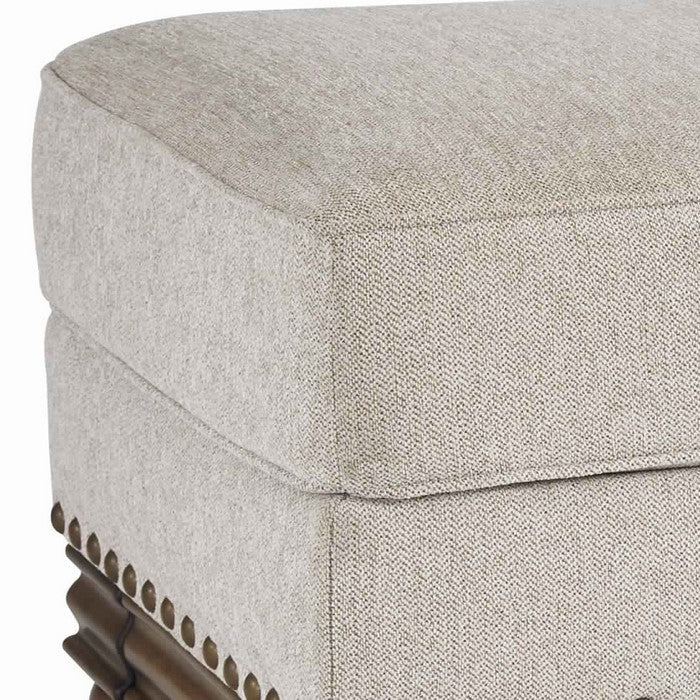 Nailhead Trim Fabric Upholstered Ottoman with Turned Legs, Light Gray