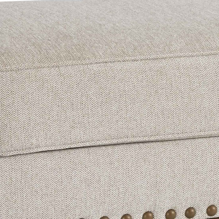 Nailhead Trim Fabric Upholstered Ottoman with Turned Legs, Light Gray
