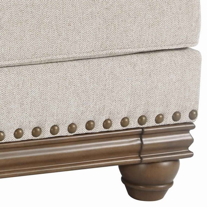 Nailhead Trim Fabric Upholstered Ottoman with Turned Legs, Light Gray