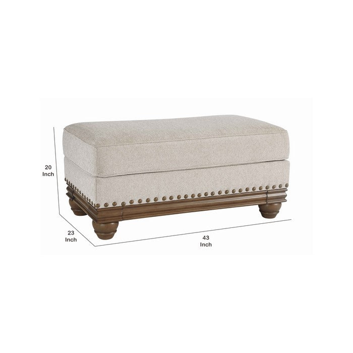 Nailhead Trim Fabric Upholstered Ottoman with Turned Legs, Light Gray