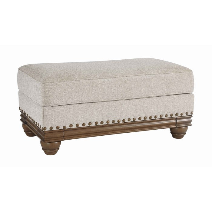 Nailhead Trim Fabric Upholstered Ottoman with Turned Legs, Light Gray