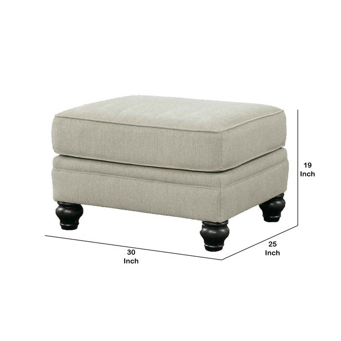 Fabric Upholstered Ottoman with Turned Legs, Light Gray and Black