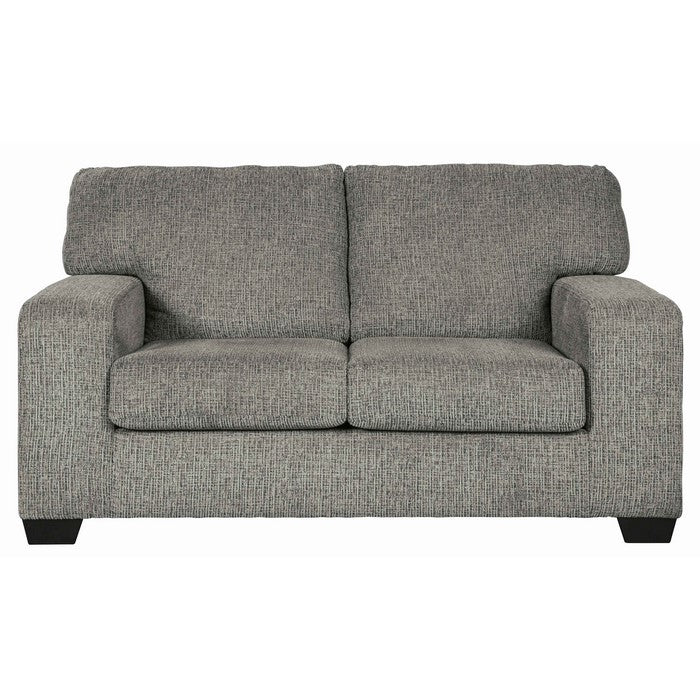 Fabric Upholstered Wooden Framed Loveseat with Track Arms, Granite Gray