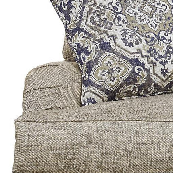 Fabric Upholstered Loveseat with Turned Bun Feet, Beige
