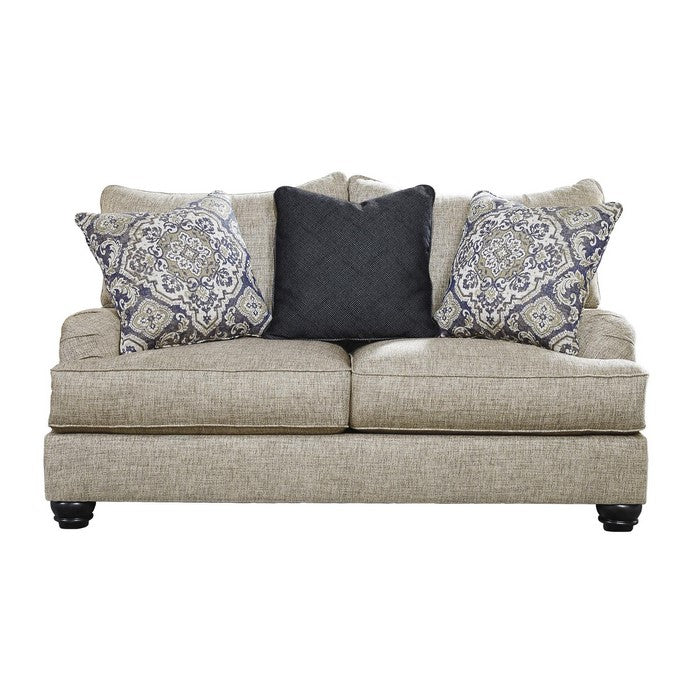 Fabric Upholstered Loveseat with Turned Bun Feet, Beige