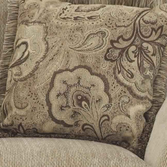 Fabric Upholstered Wooden Loveseat with Bracket Feet, Beige and Brown
