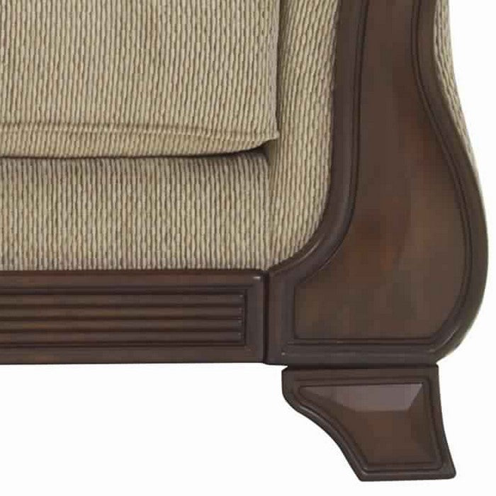 Fabric Upholstered Wooden Loveseat with Bracket Feet, Beige and Brown