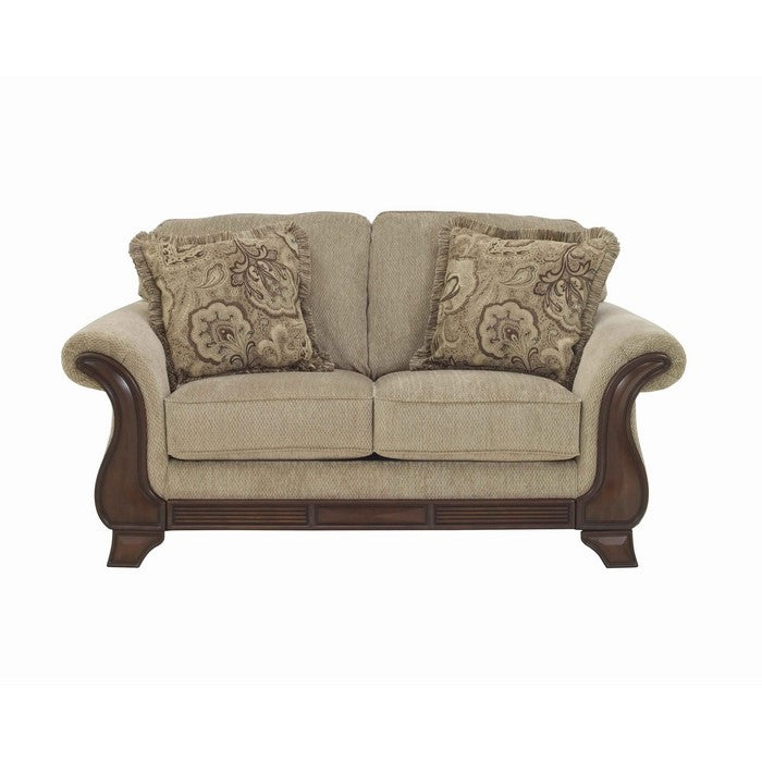 Fabric Upholstered Wooden Loveseat with Bracket Feet, Beige and Brown