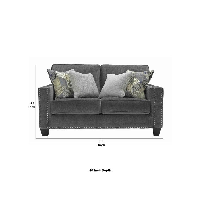 Fabric Upholstered Wooden Frame Loveseat with Nailhead Trim, Smoky Gray