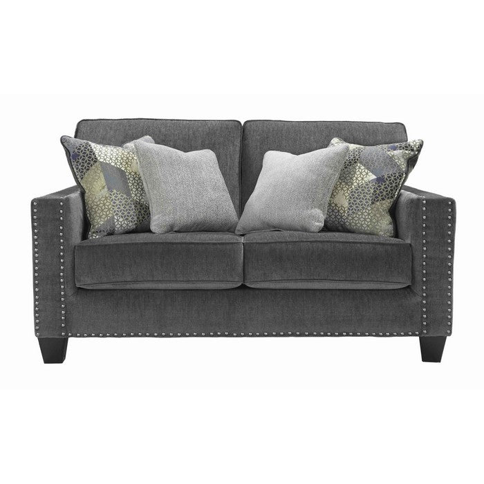 Fabric Upholstered Wooden Frame Loveseat with Nailhead Trim, Smoky Gray