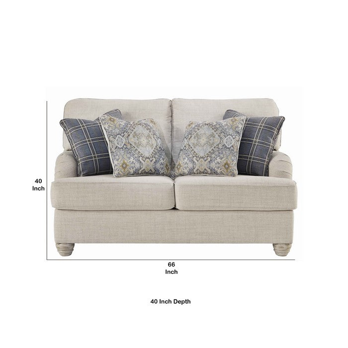 Fabric Upholstered Wooden Framed Loveseat with Bun Feet, Beige