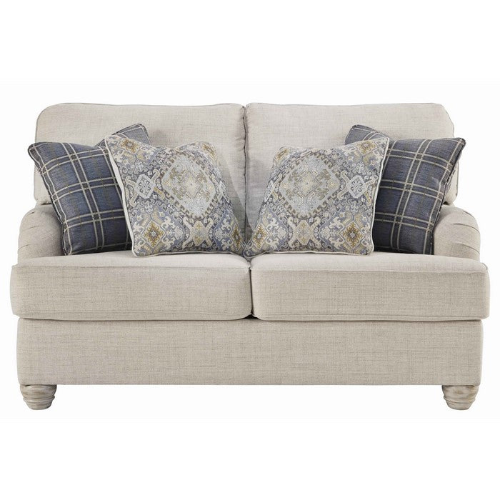 Fabric Upholstered Wooden Framed Loveseat with Bun Feet, Beige
