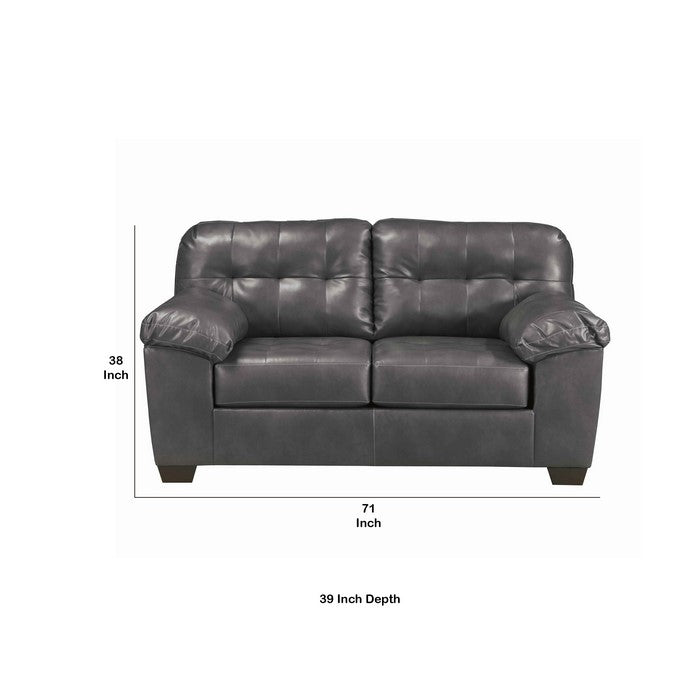 Leatherette Wooden Framed Loveseat with Tufted Details, Charcoal Gray