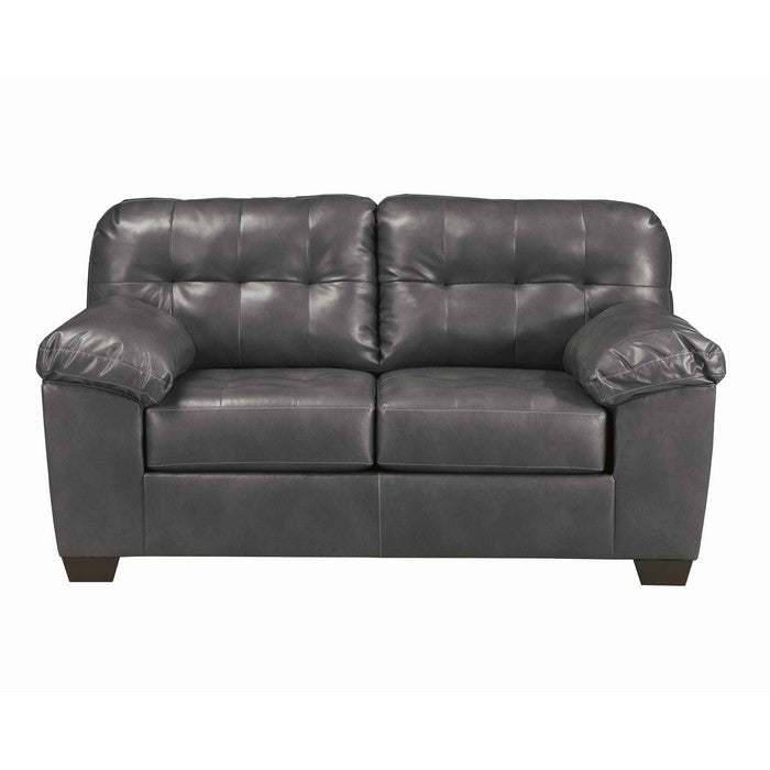 Leatherette Wooden Framed Loveseat with Tufted Details, Charcoal Gray